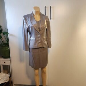 1980's three piece silver suit, skirt, blouse, and blazer